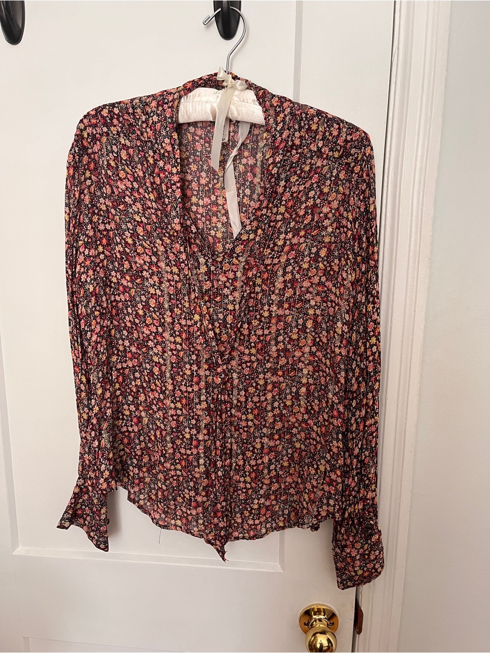 Mango Floral V-Neck Long-Sleeve Sheer Blouse Size 4